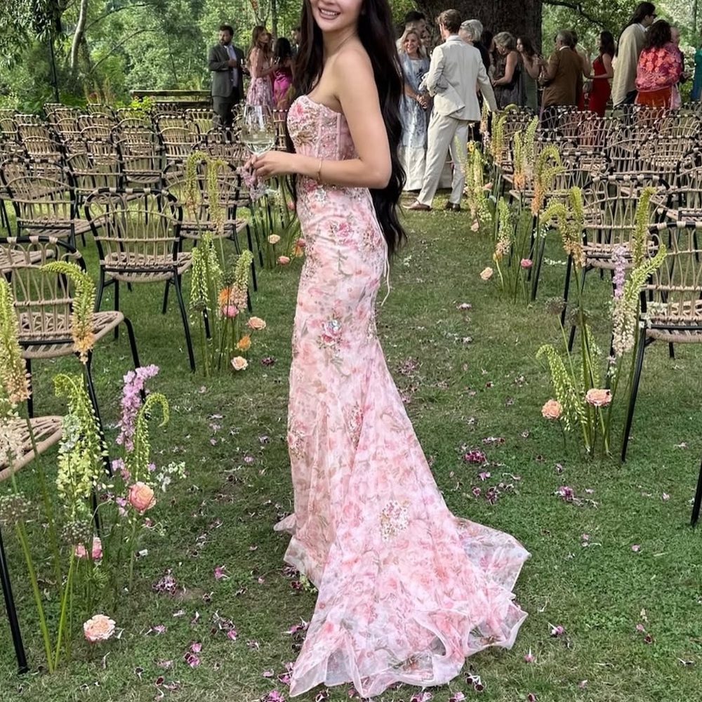 Embellished Floral Pink Strapless Gown